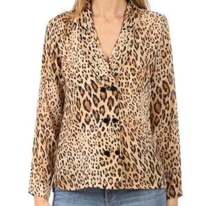 FRAME Double Breasted Button Front Pleated Ruffle Collar Leopard Blazer Blouse